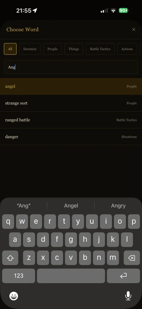 Word bank search with category filters